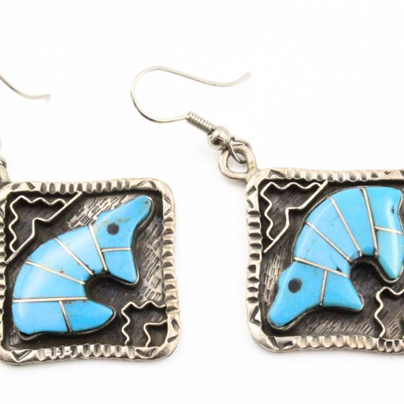 Stamped Derrick Cadman Navajo Sterling Silver Bear Inlaid Turquoise Necklace Set - Picture 9 of 11